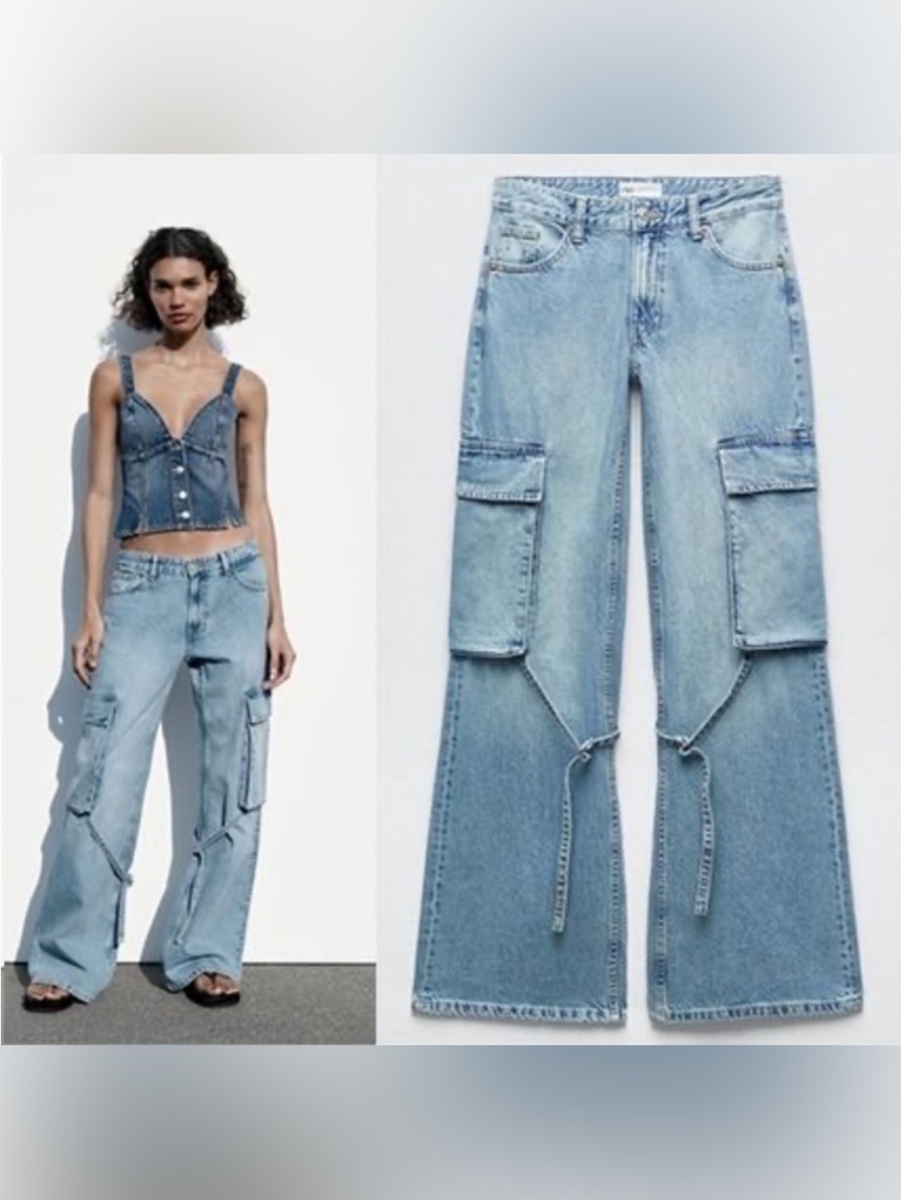 Zara Light Blue Wide Leg Cargo Jeans